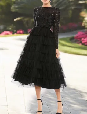 A-Line Cocktail Dresses Sparkle Black Dress Plus Size Party Wear Wedding Guest Tea Length Long Sleeve Jewel Neck Fall Wedding Guest Tulle with Sequin Tiered A-Line Cocktail Dresses Sparkle Black Dress Plus Size Party Wear Wedding Guest Tea Length Long Sleeve Jewel Neck Fall Wedding Guest Tulle with Sequin Tiered
