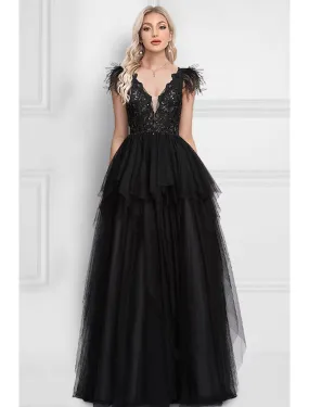A-Line Prom Dresses Black Dress Wedding Party Floor Length Sleeveless V Neck Tulle with Feather Appliques A-Line Prom Dresses Black Dress Wedding Party Floor Length Sleeveless V Neck Tulle with Feather Appliques