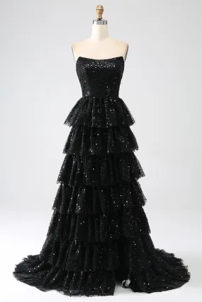 A-Line Sequins Black Tiered Prom Dress with Slit A-Line Sequins Black Tiered Prom Dress with Slit
