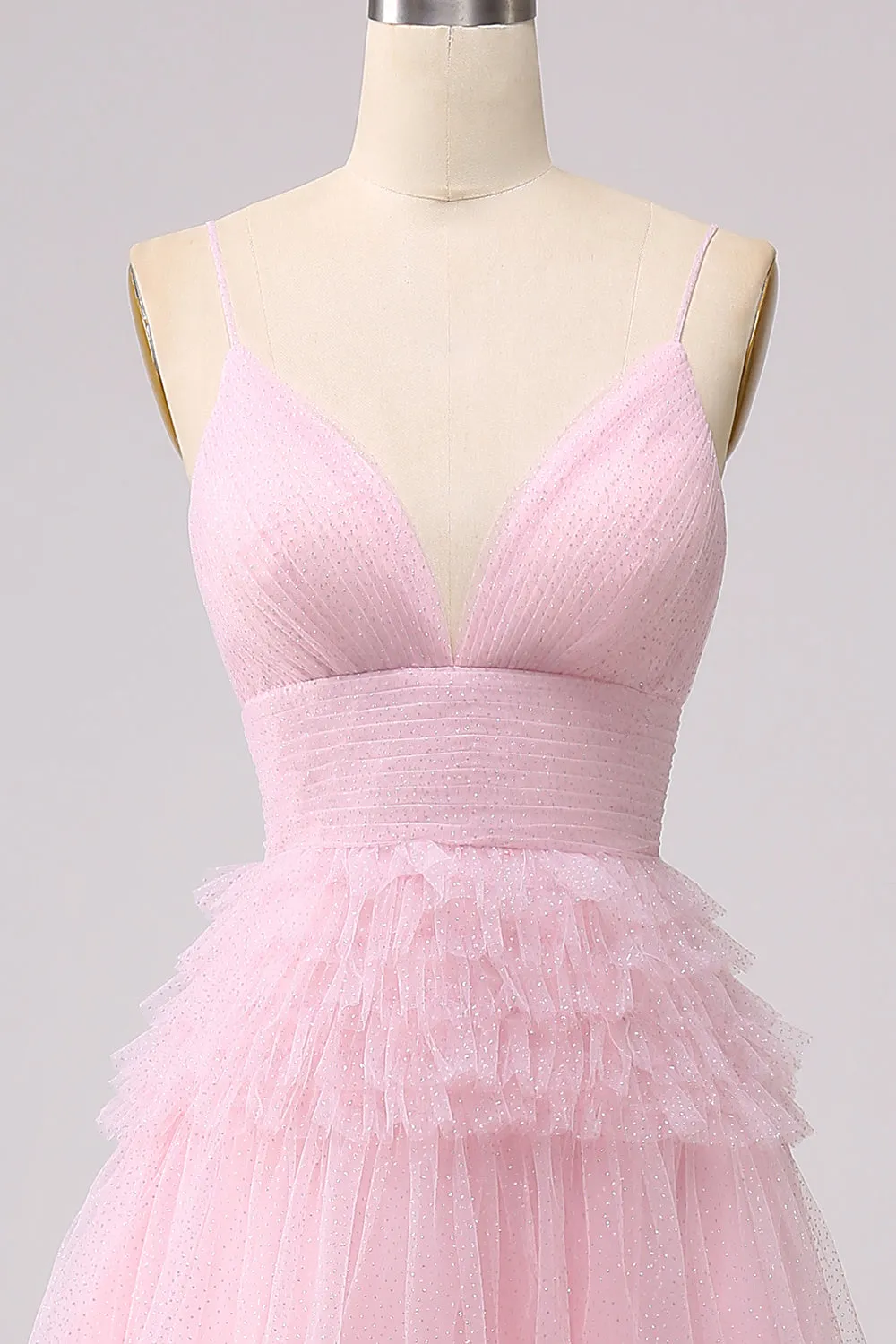 A Line Spaghetti Straps Light Pink Long Prom Dress with Ruffles