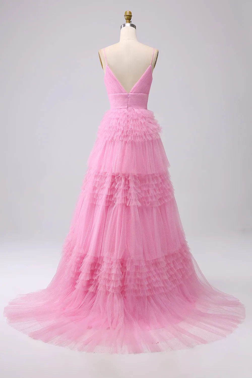 A Line Spaghetti Straps Light Pink Long Prom Dress with Ruffles