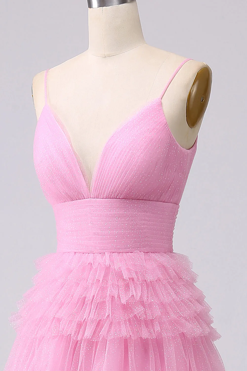 A Line Spaghetti Straps Light Pink Long Prom Dress with Ruffles