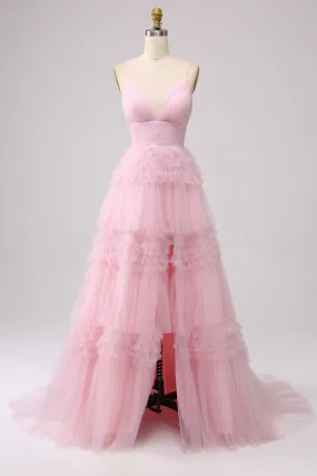 A Line Spaghetti Straps Light Pink Long Prom Dress with Ruffles A Line Spaghetti Straps Light Pink Long Prom Dress with Ruffles