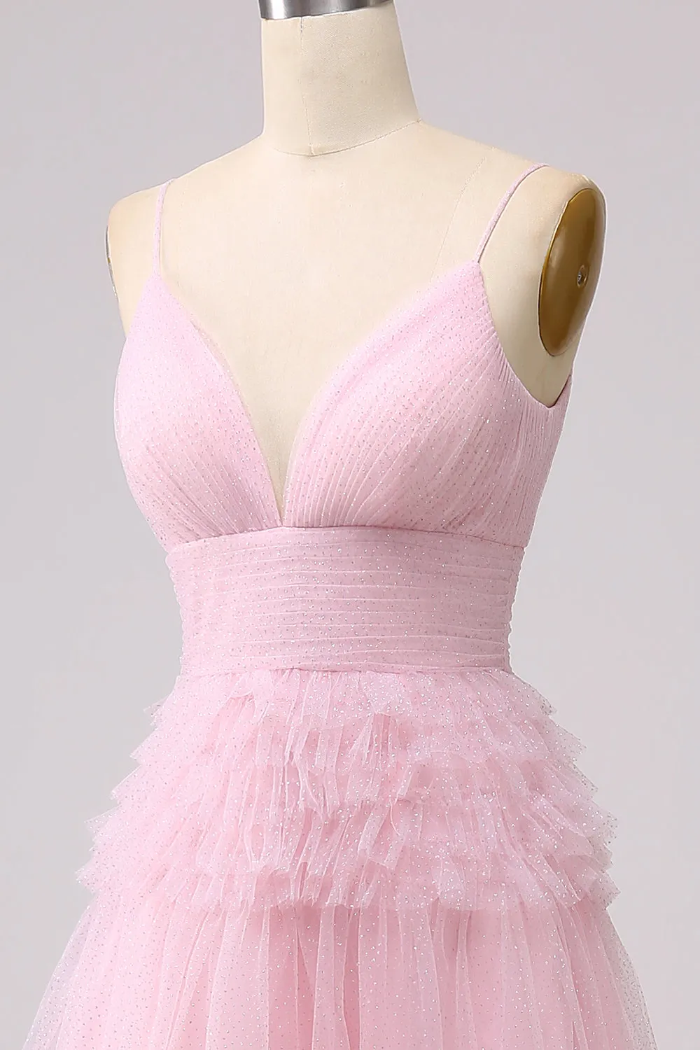 A Line Spaghetti Straps Light Pink Long Prom Dress with Ruffles