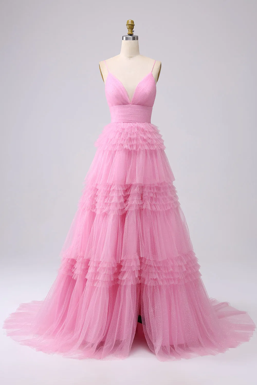 A Line Spaghetti Straps Light Pink Long Prom Dress with Ruffles