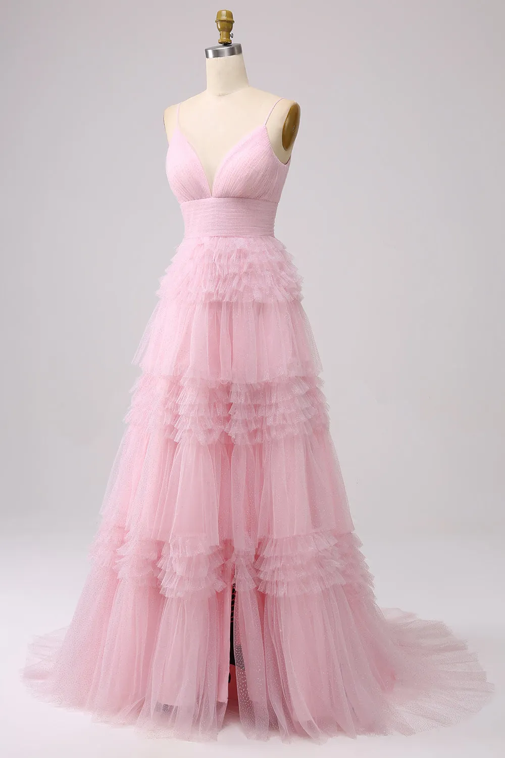 A Line Spaghetti Straps Light Pink Long Prom Dress with Ruffles