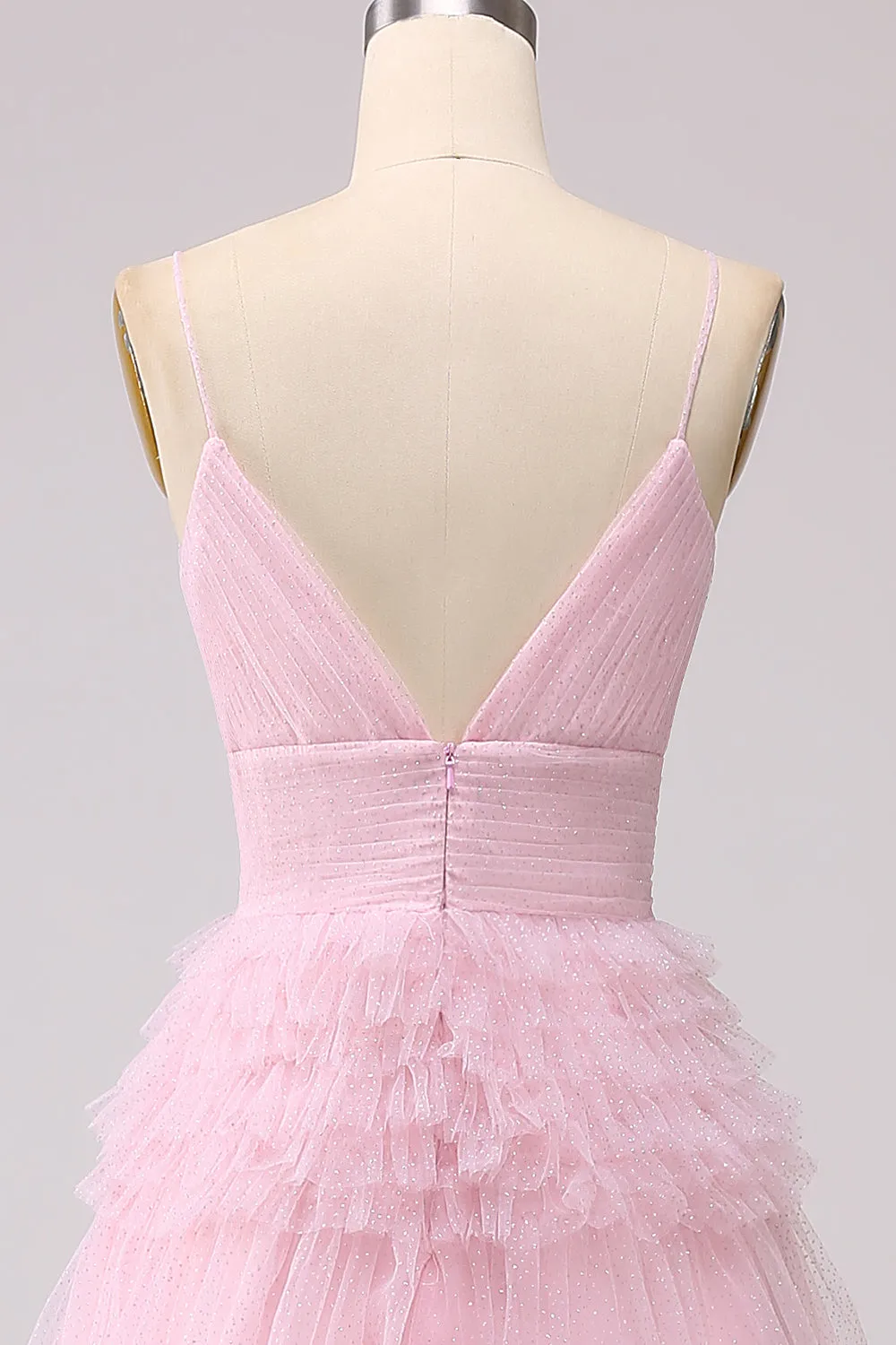 A Line Spaghetti Straps Light Pink Long Prom Dress with Ruffles