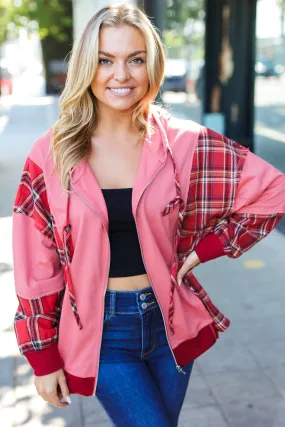 Adorable in Marsala Plaid Color Block Zipper French Terry Hoodie Adorable in Marsala Plaid Color Block Zipper French Terry Hoodie