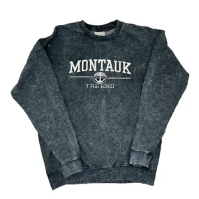 Adult Unisex Crewneck Pullover with Embroidered Montauk The End and Anchor in Denim Black Adult Unisex Crewneck Pullover with Embroidered Montauk The End and Anchor in Denim Black