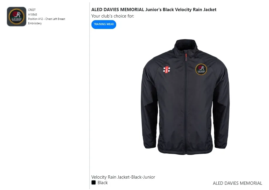 ALED DAVIES MEMORIAL  Junior's Black Velocity Rain Jacket