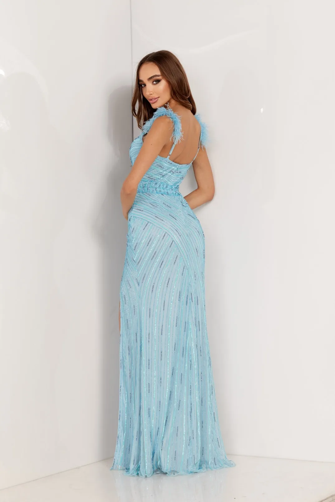 Aleta 1109 Prom Feather Formal Long Beaded Dress