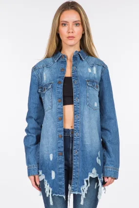 American Bazi Distressed Frayed Hem Denim Jacket American Bazi Distressed Frayed Hem Denim Jacket