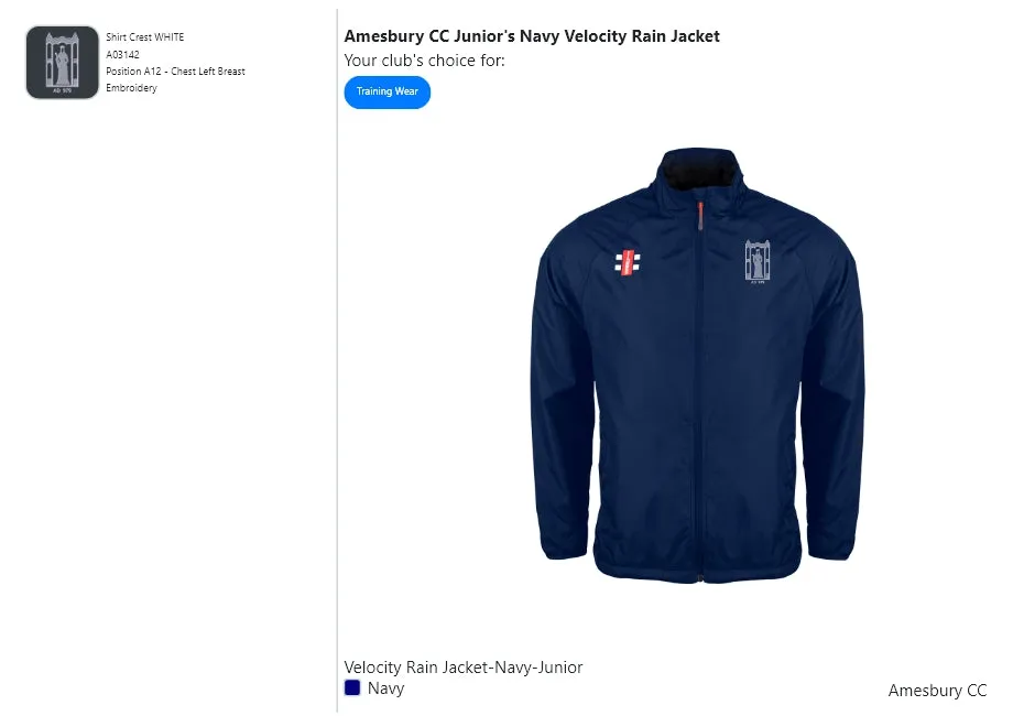 Amesbury CC Junior's Navy Velocity Rain Jacket