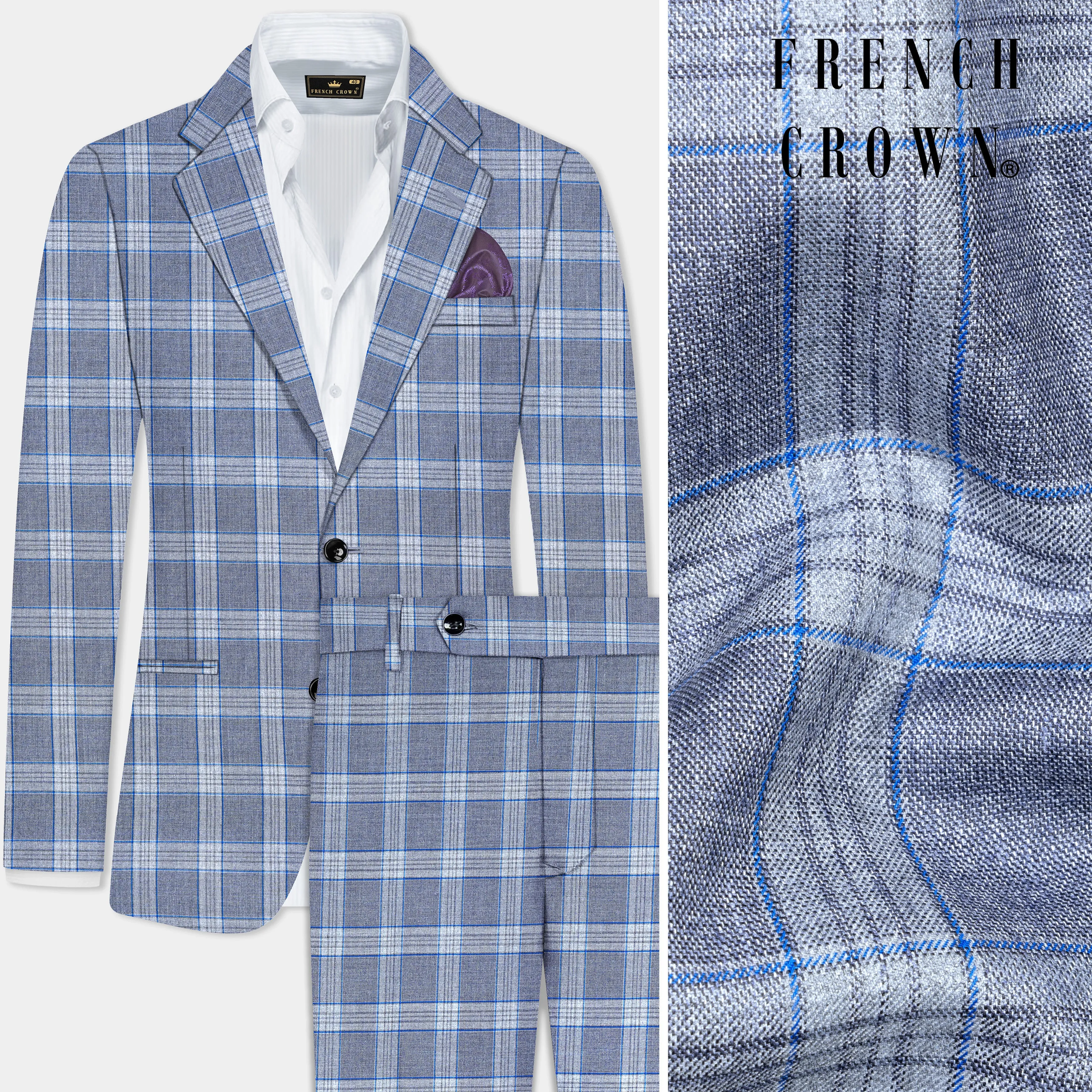 Amethyst Smoke Blue Checked Wool Blend Suit