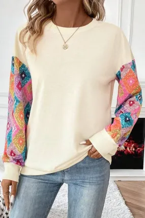 Apricot Geometric Printed Patchwork Long Sleeve Round Neck Top Apricot Geometric Printed Patchwork Long Sleeve Round Neck Top