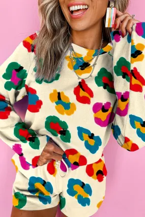 Apricot Multicolor Leopard Printed Long Sleeve Top Two Piece Shorts Set Apricot Multicolor Leopard Printed Long Sleeve Top Two Piece Shorts Set