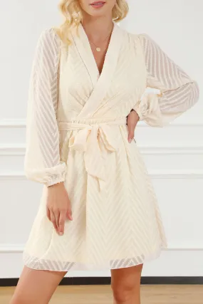 Apricot V Striped Sheer Puff Sleeve Surplice Knot Mini Dress Apricot V Striped Sheer Puff Sleeve Surplice Knot Mini Dress
