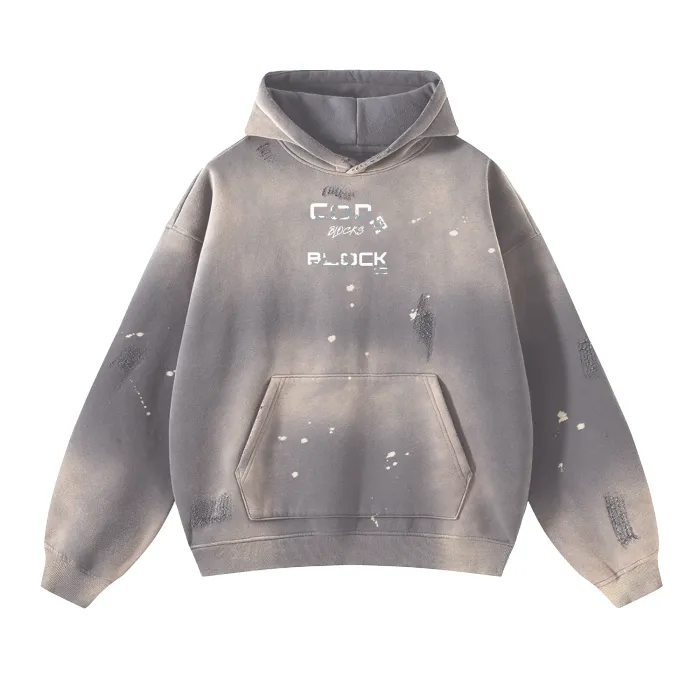 (Ash)Streetwear Unisex Monkey Washed Frayed  Effect Hoodie