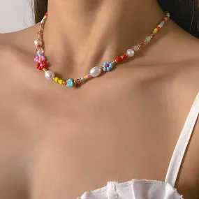 Beaded multicolor faux pearl flower clay choker necklace Beaded multicolor faux pearl flower clay choker necklace