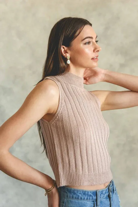 Beige Ribbed Sweater Crop Top