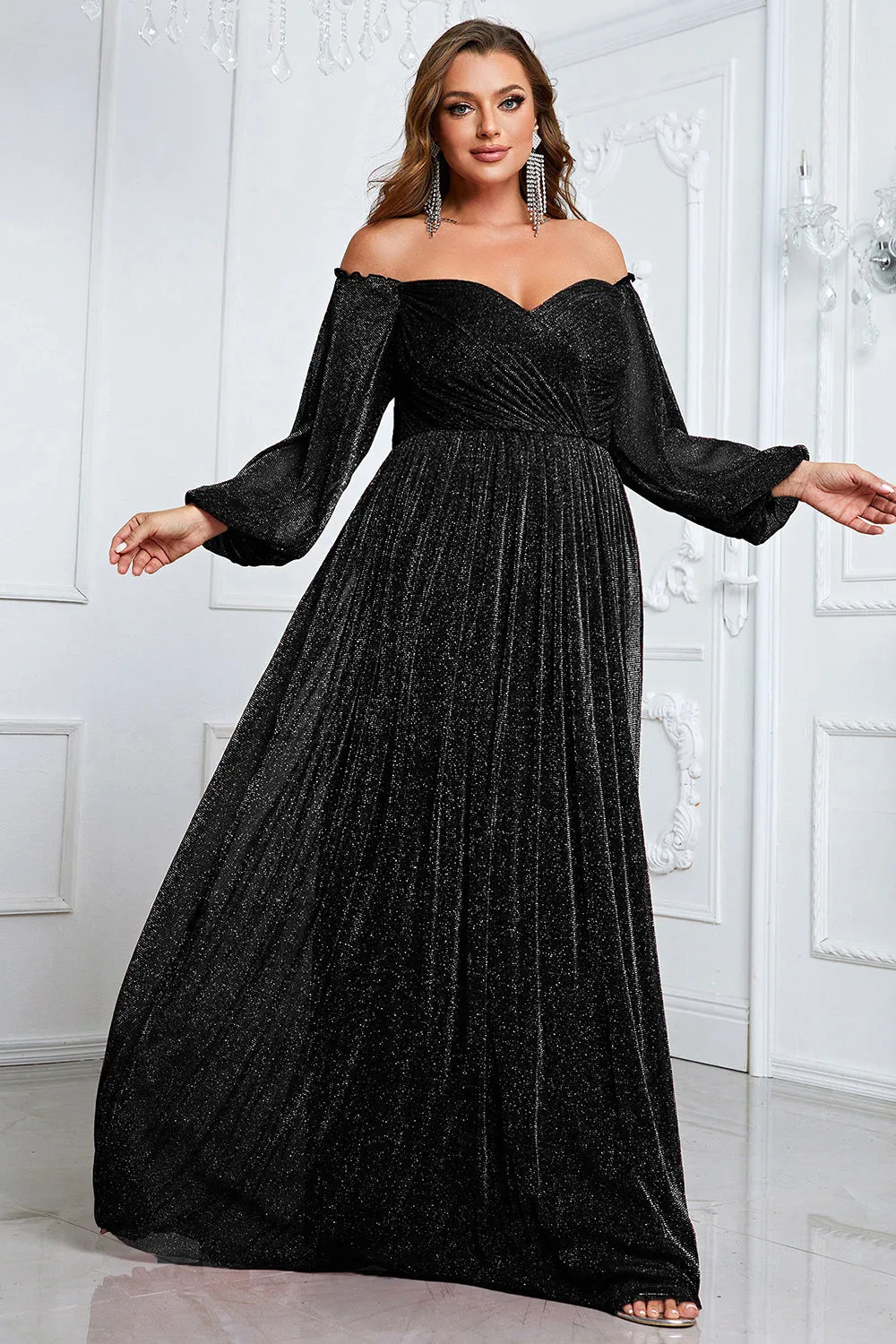 Black A-Line Off The Shoulder Plus Size Prom Dress