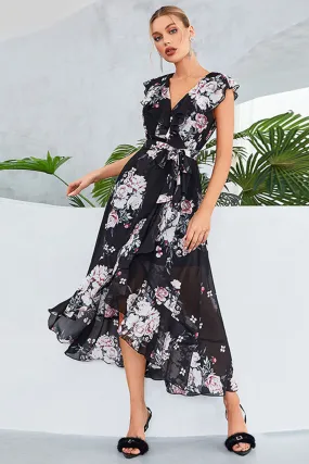 Black A-Line V-Neck Floral Print Chiffon Party Dress Black A-Line V-Neck Floral Print Chiffon Party Dress