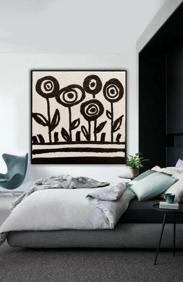 Black and White Original Abstract Painting Minimalist Flower Painting Kp061