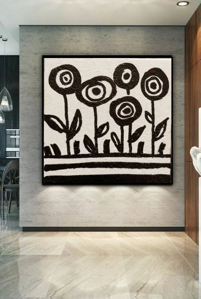 Black and White Original Abstract Painting Minimalist Flower Painting Kp061