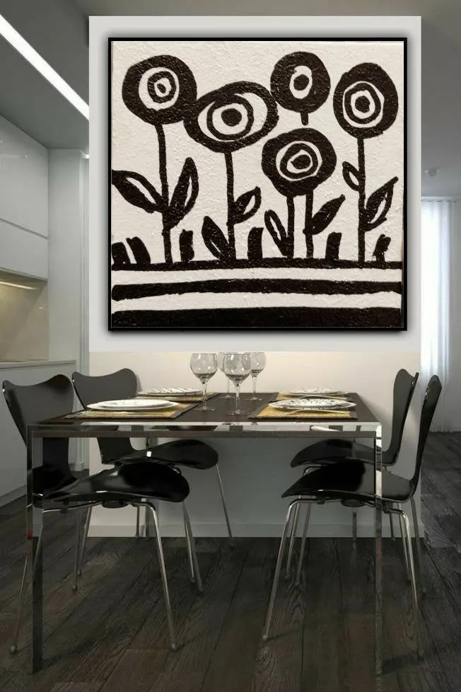 Black and White Original Abstract Painting Minimalist Flower Painting Kp061