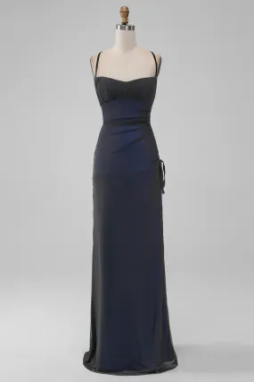 Black Blue Spaghetti Straps Mermaid Pleated Long Prom Dress with Slit Black Blue Spaghetti Straps Mermaid Pleated Long Prom Dress with Slit