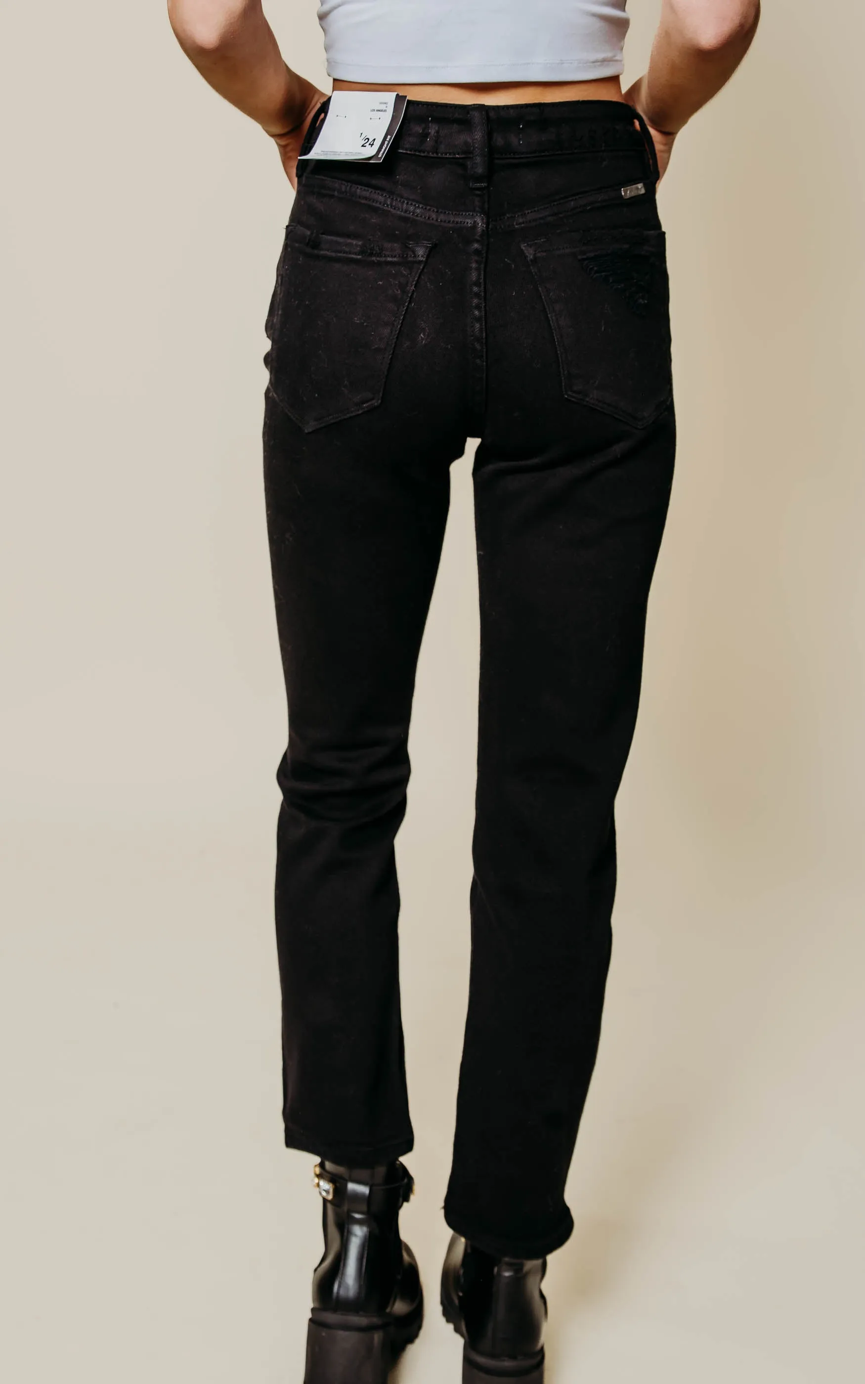 Black High Rise Distressed Slim Straight Jeans - Kan Can - Final Sale