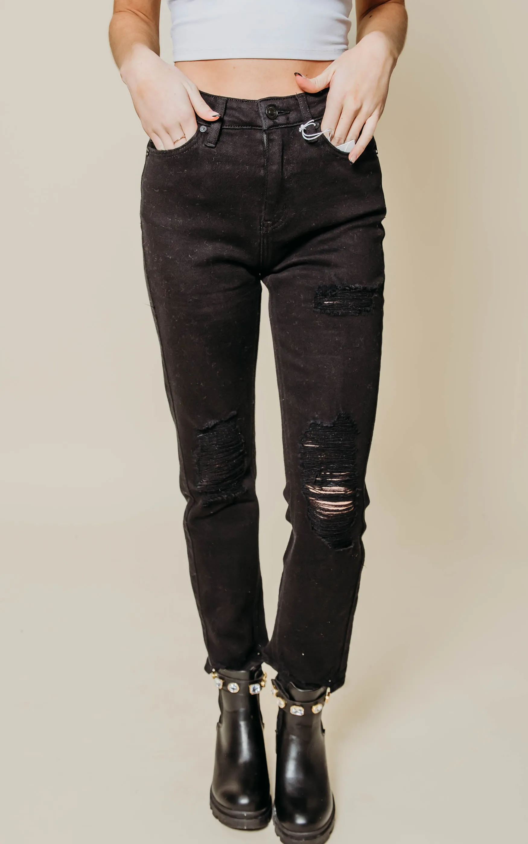Black High Rise Distressed Slim Straight Jeans - Kan Can - Final Sale