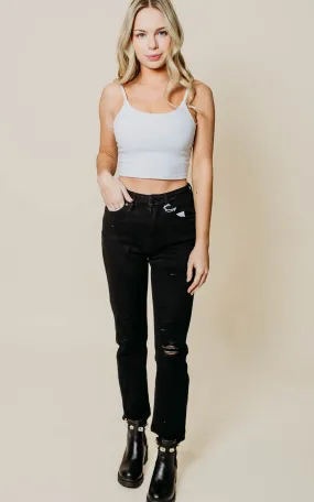 Black High Rise Distressed Slim Straight Jeans - Kan Can - Final Sale