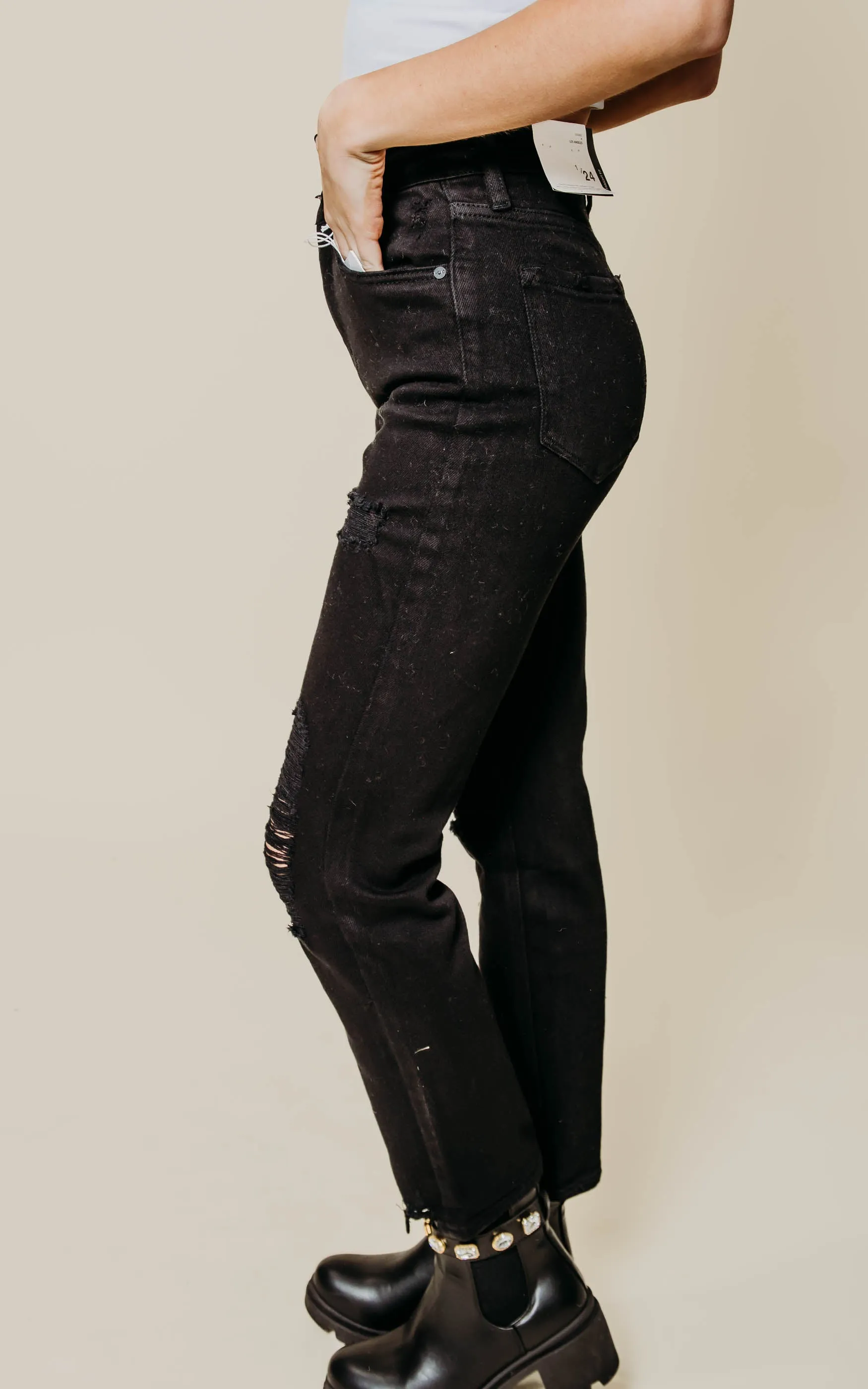 Black High Rise Distressed Slim Straight Jeans - Kan Can - Final Sale