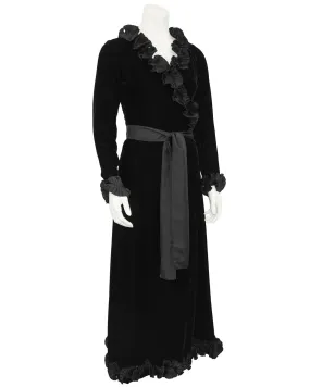 Black Velvet Wrap Evening Dress with Ruffle Trim