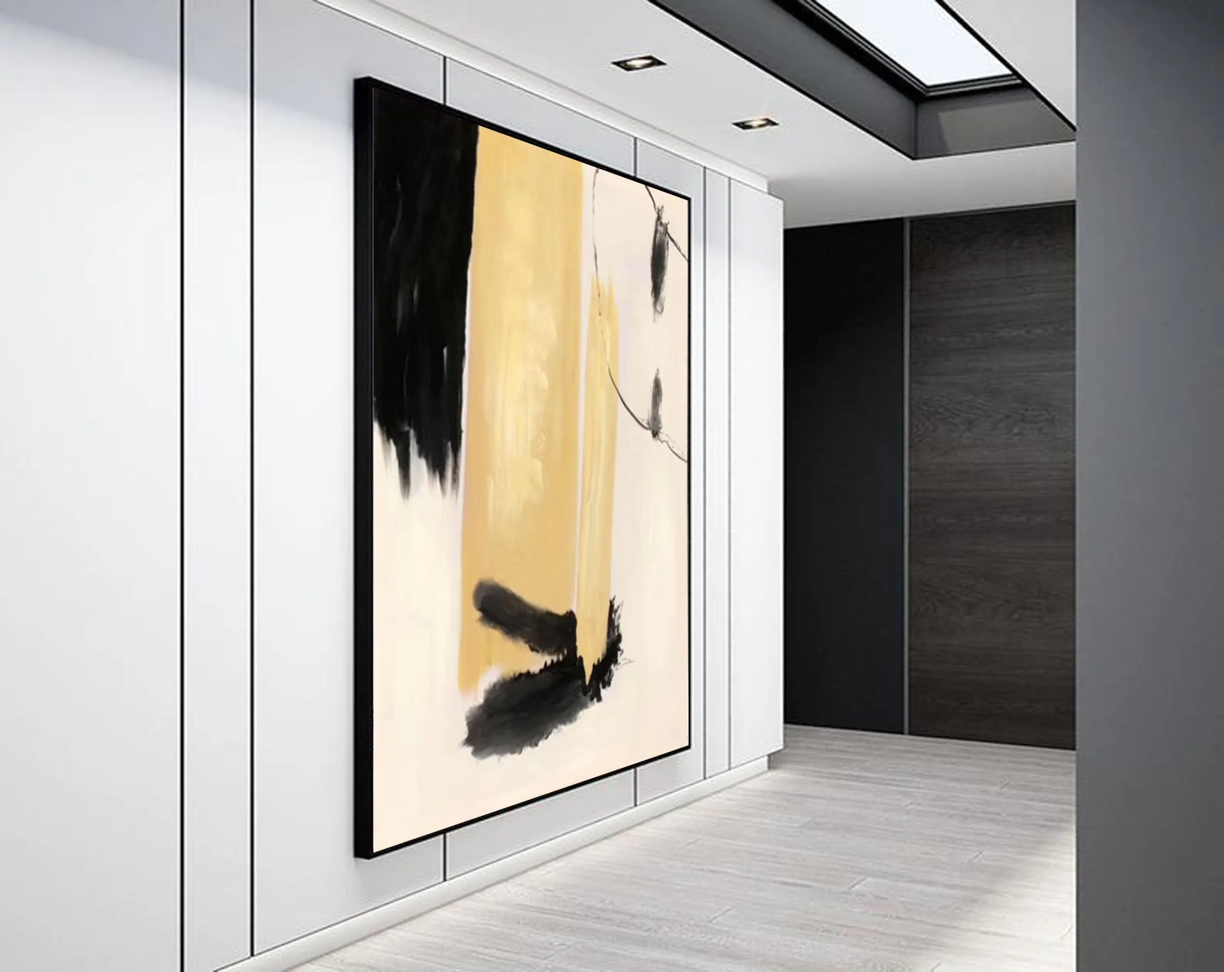 Black White Beige Modern Abstract Painting on Canvas Cp033