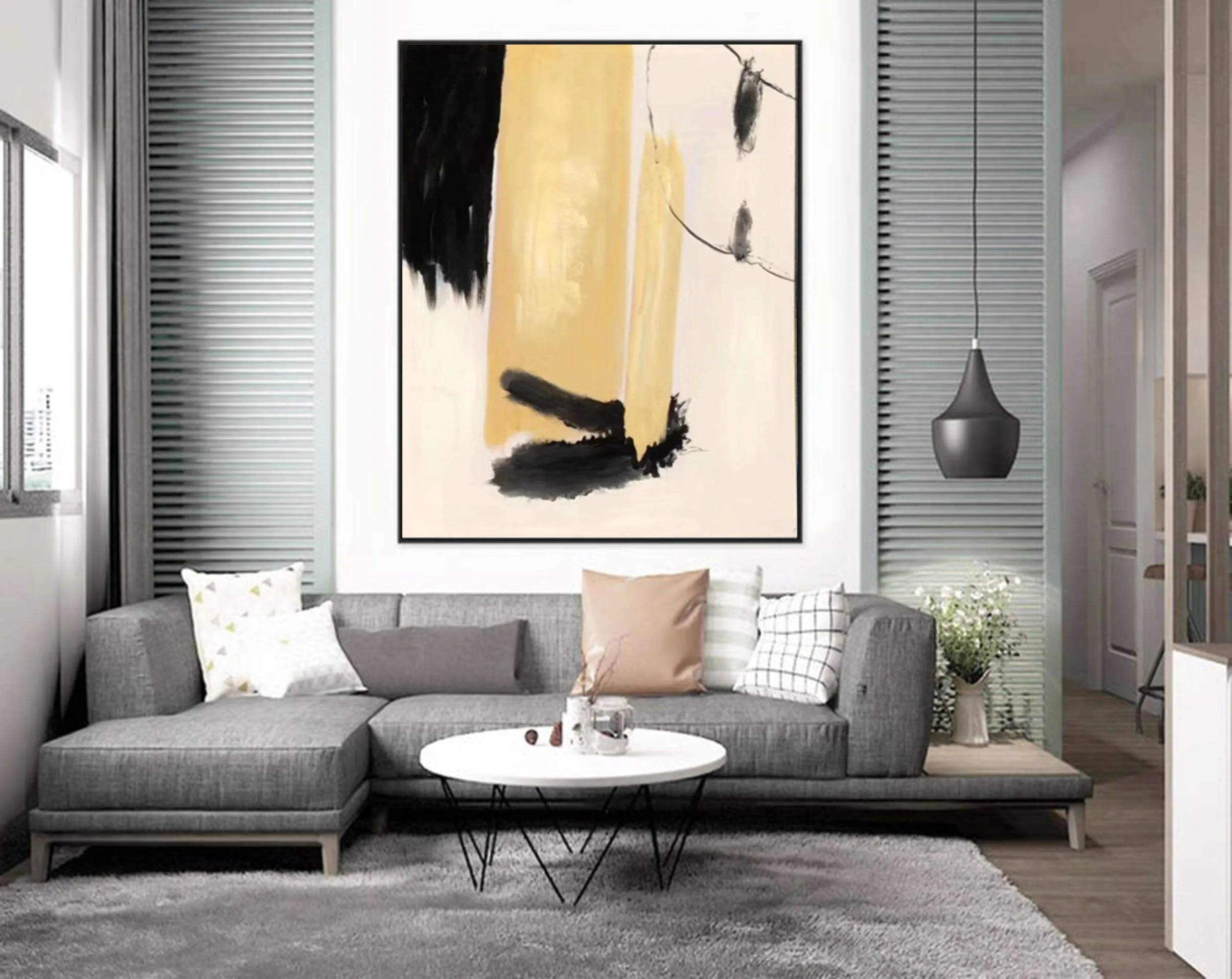Black White Beige Modern Abstract Painting on Canvas Cp033