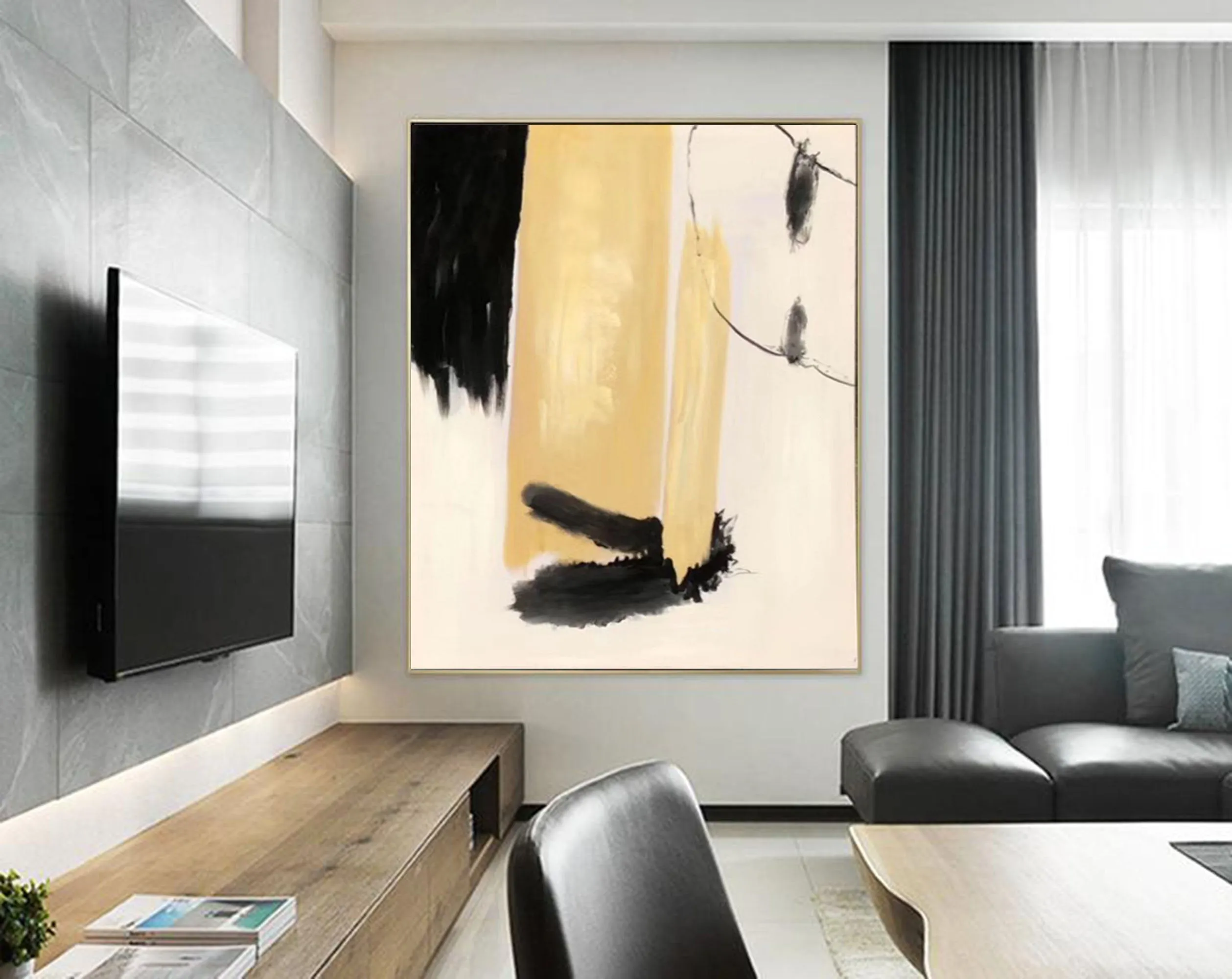 Black White Beige Modern Abstract Painting on Canvas Cp033