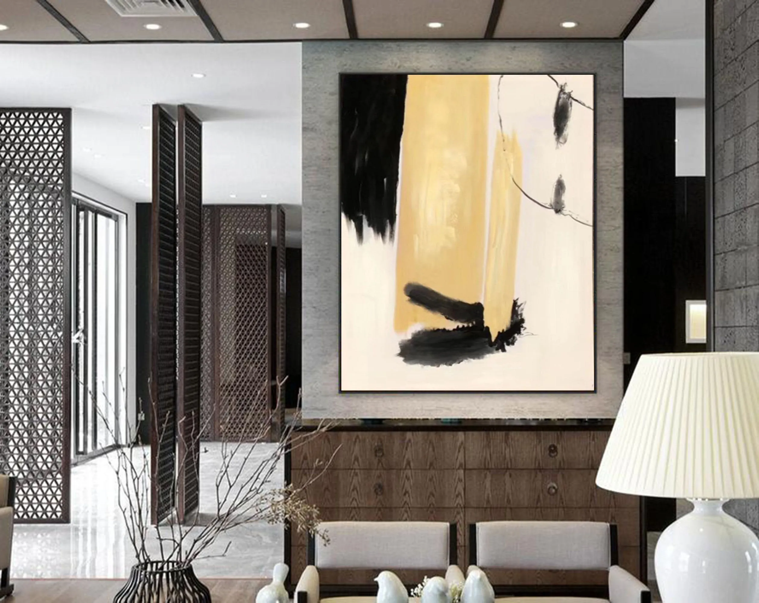 Black White Beige Modern Abstract Painting on Canvas Cp033