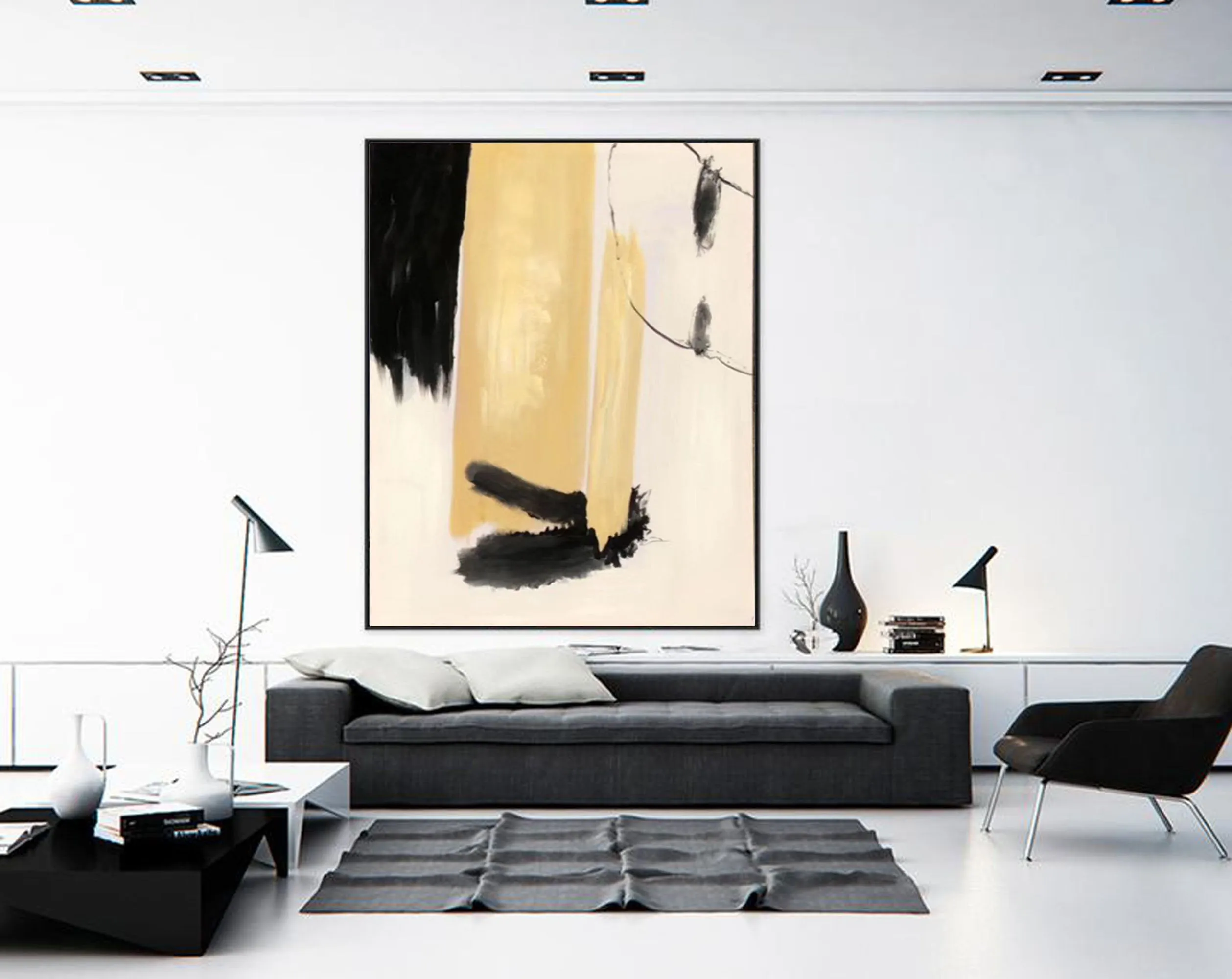 Black White Beige Modern Abstract Painting on Canvas Cp033
