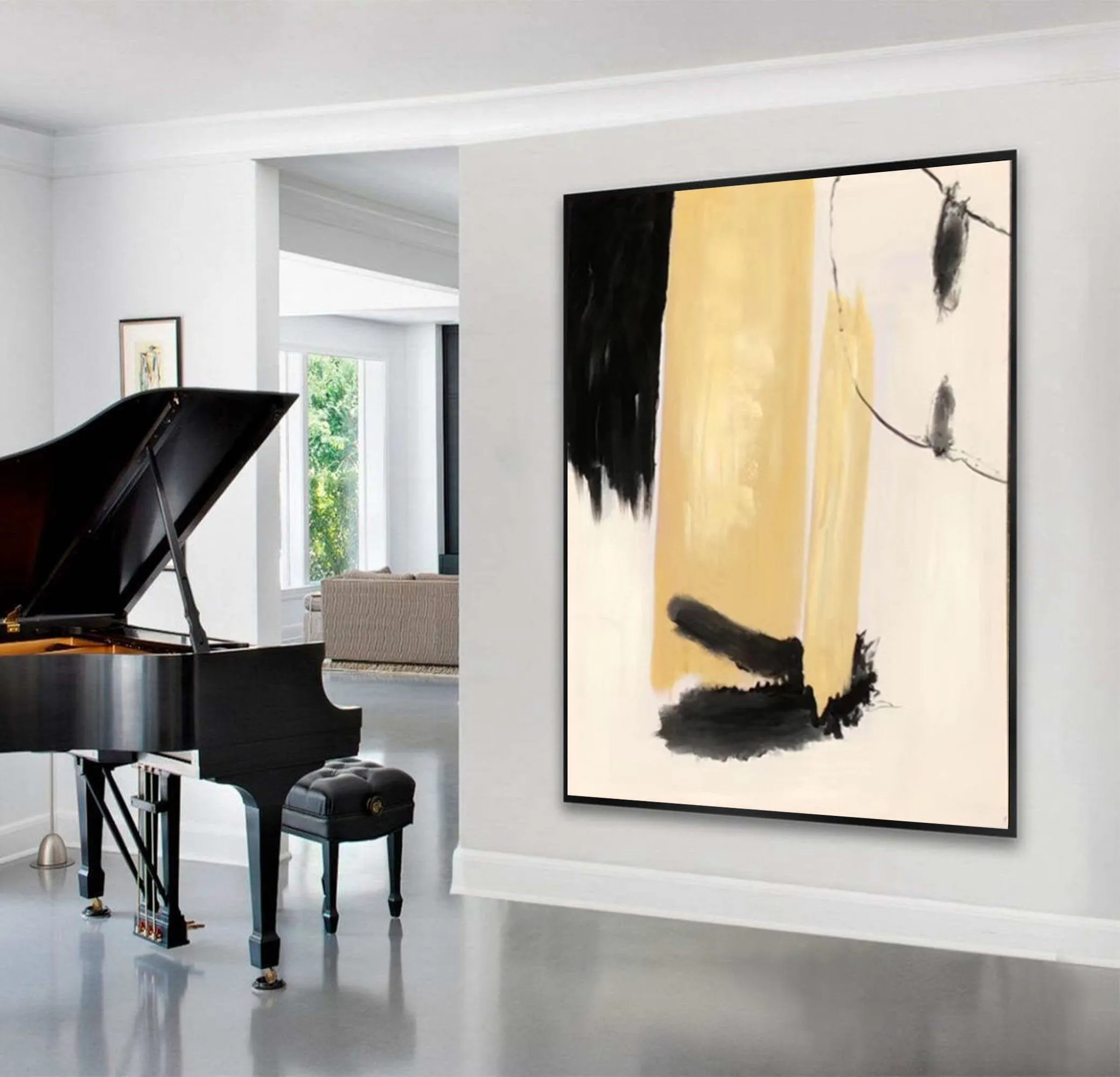 Black White Beige Modern Abstract Painting on Canvas Cp033
