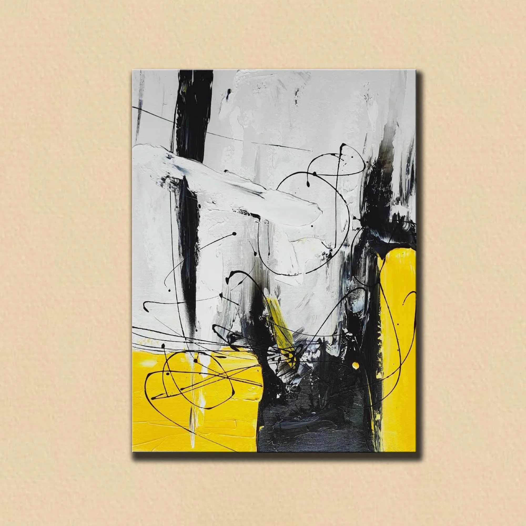 Black White Yellow Abstract Acrylic Painting on Canvas Np114