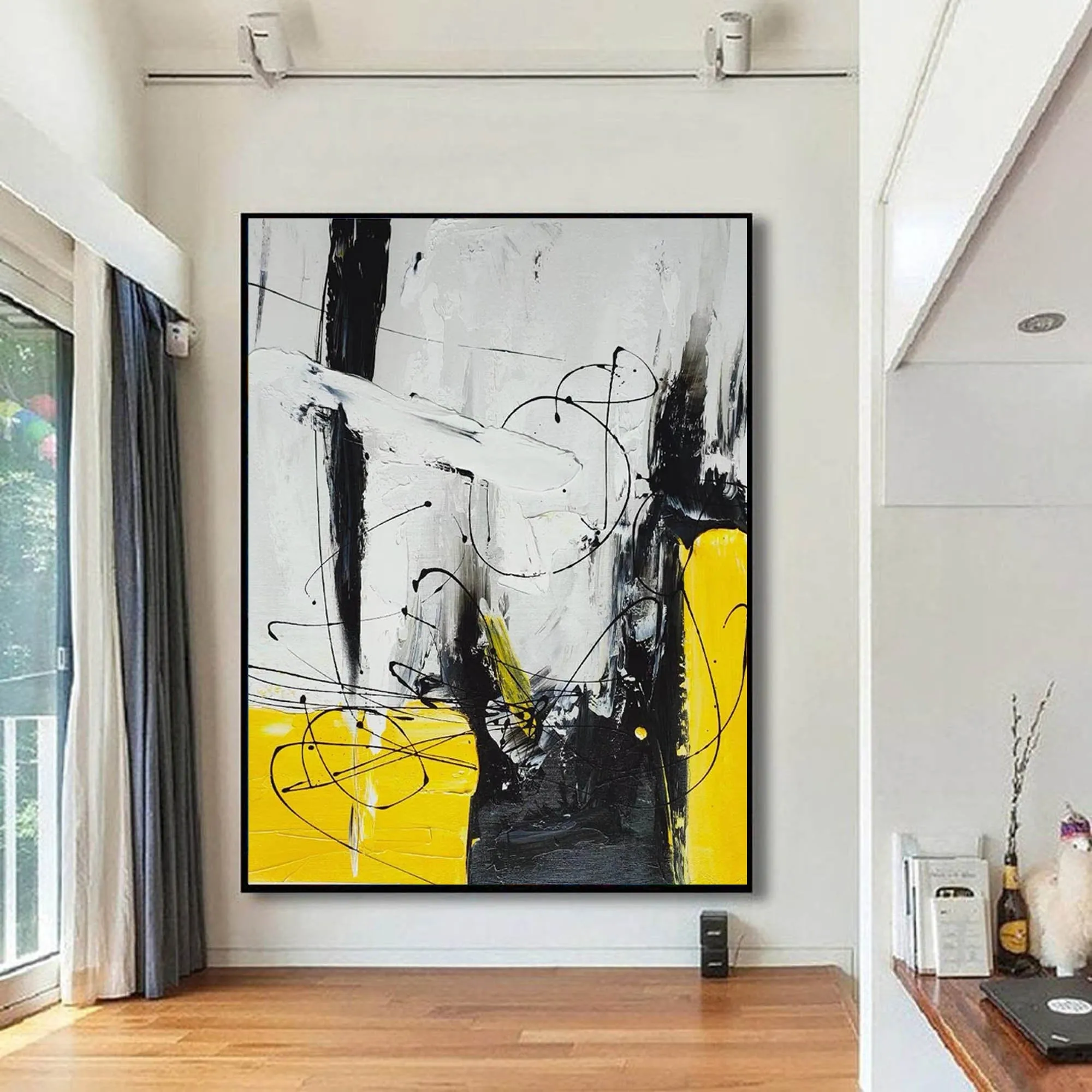 Black White Yellow Abstract Acrylic Painting on Canvas Np114