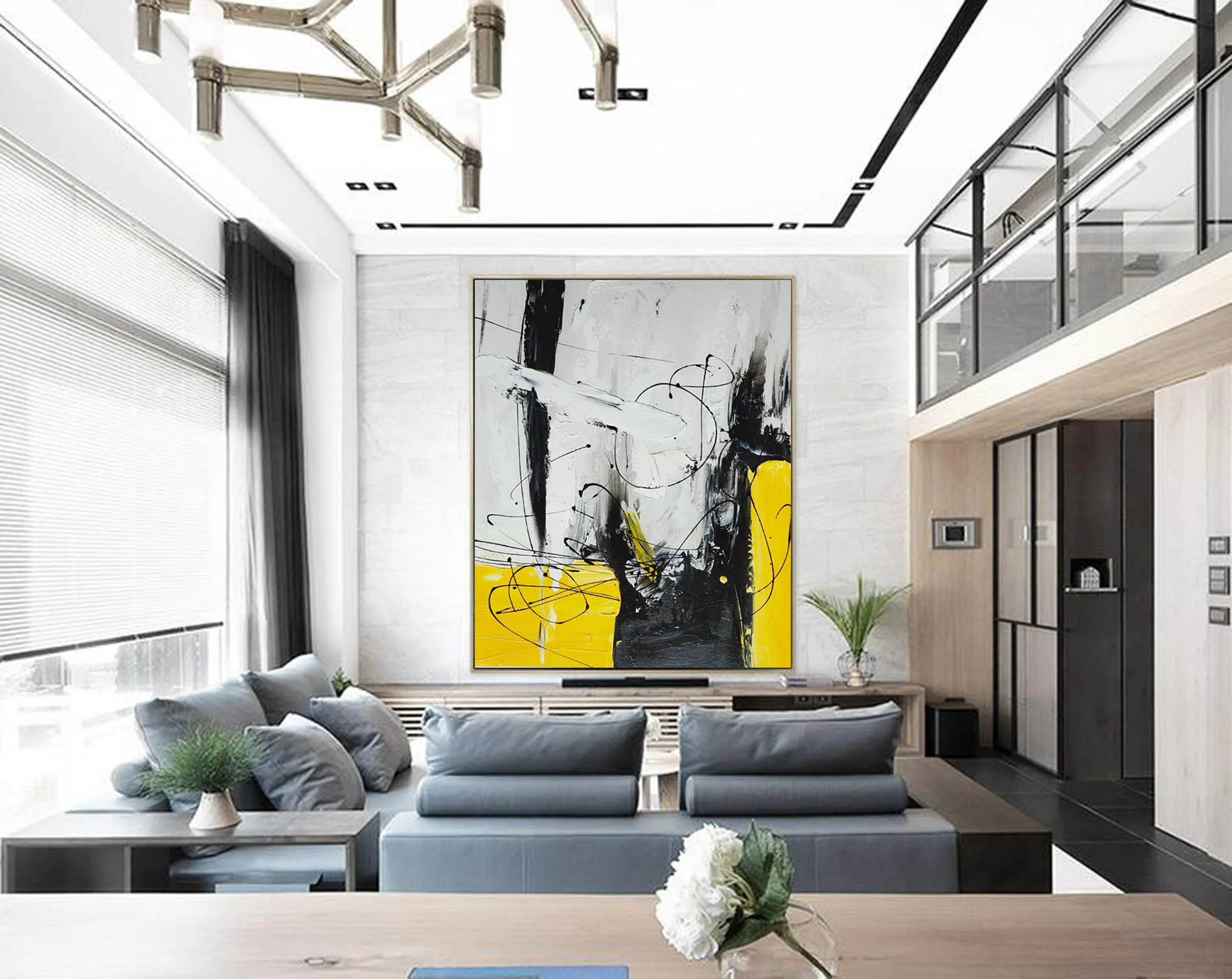 Black White Yellow Abstract Acrylic Painting on Canvas Np114