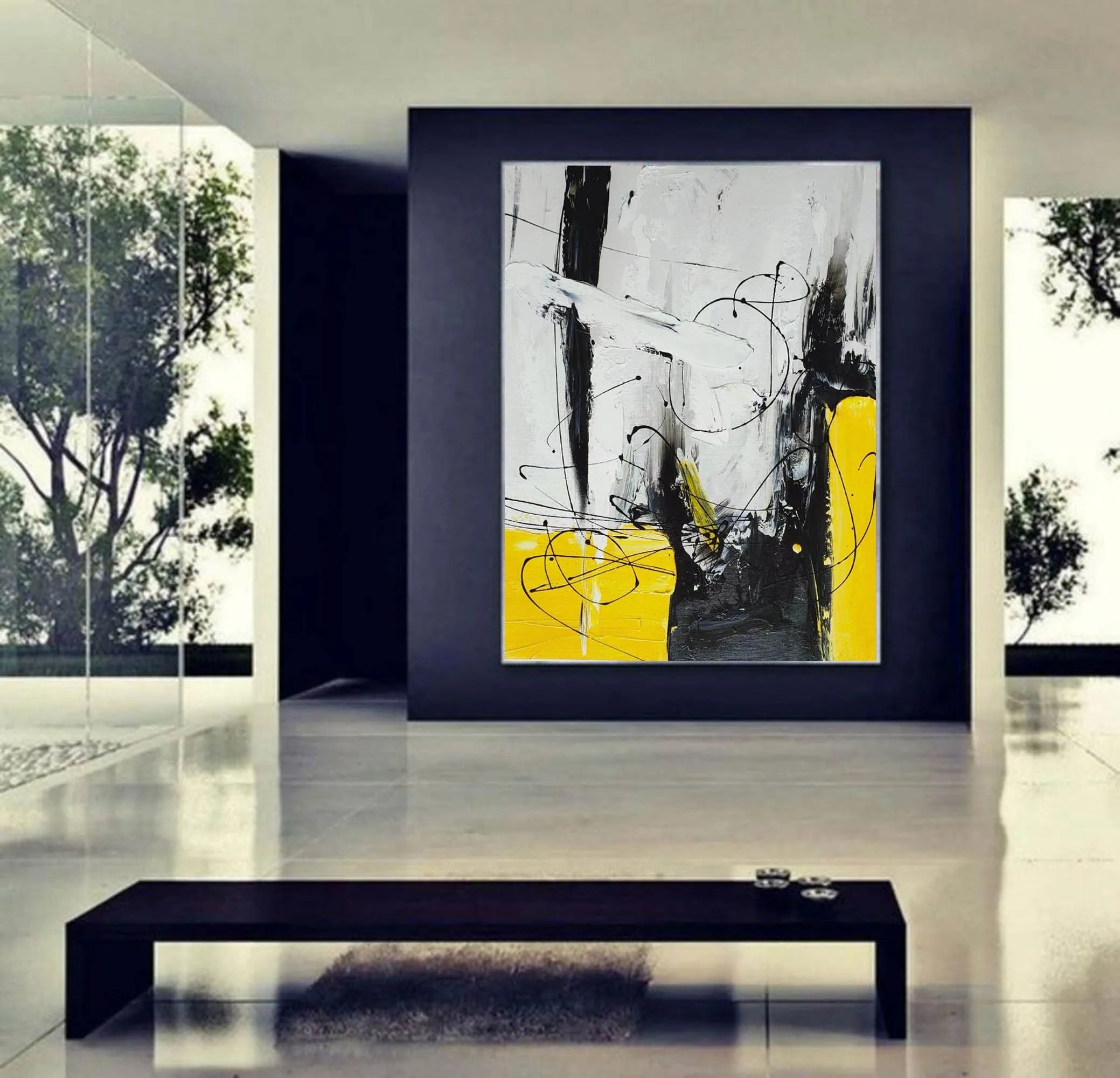 Black White Yellow Abstract Acrylic Painting on Canvas Np114