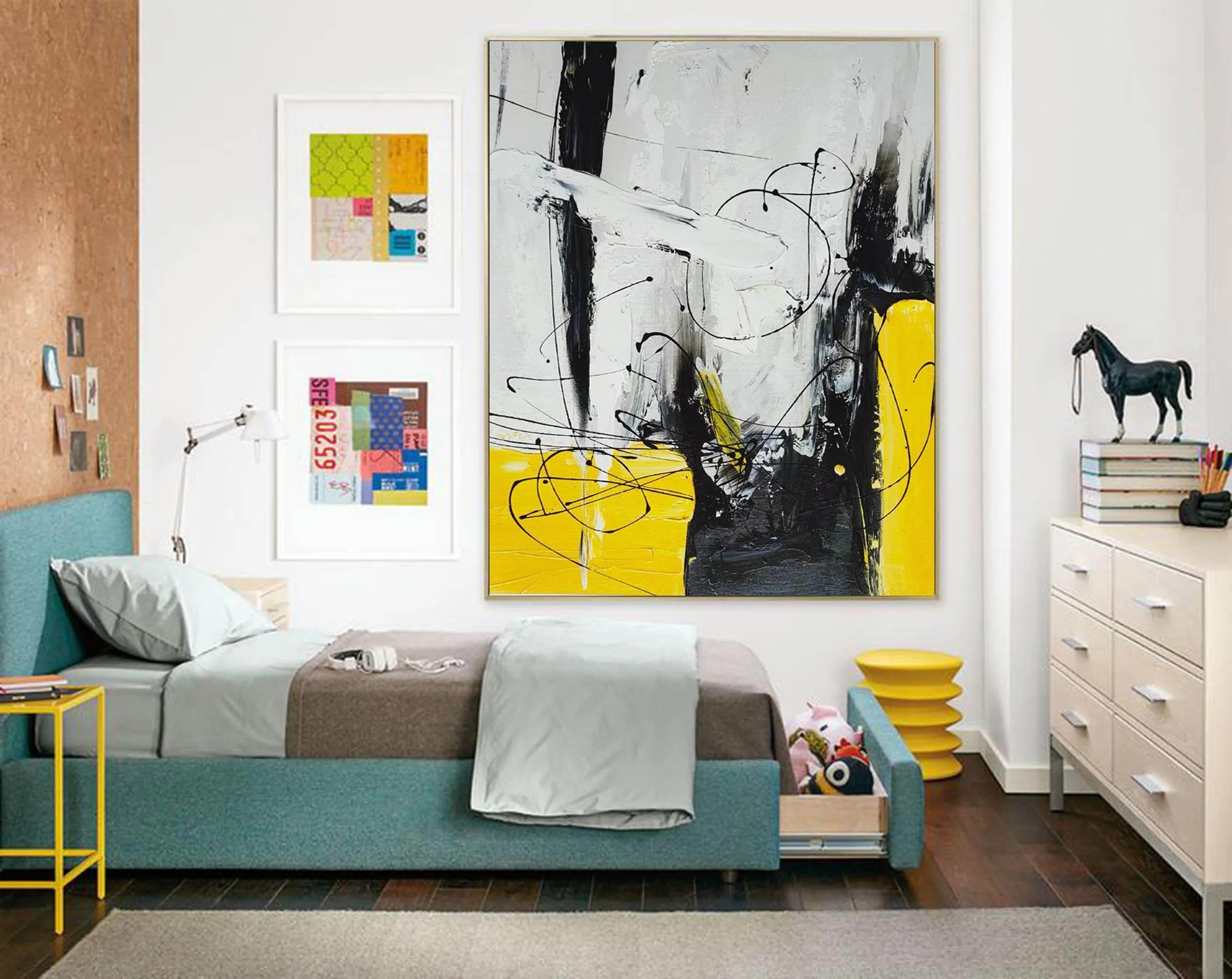 Black White Yellow Abstract Acrylic Painting on Canvas Np114
