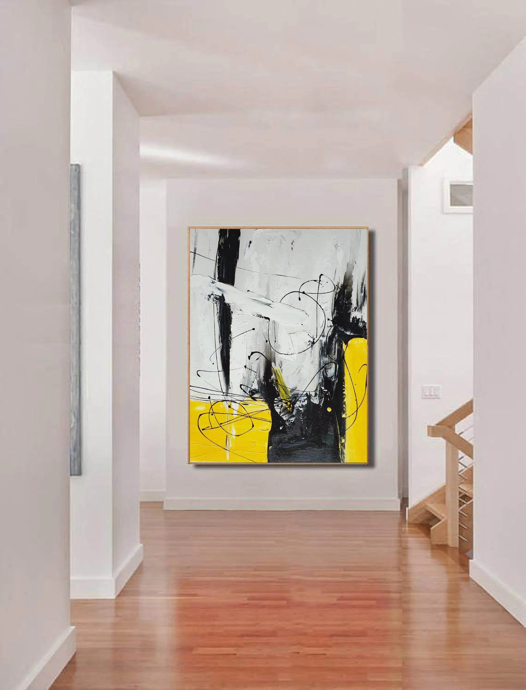 Black White Yellow Abstract Acrylic Painting on Canvas Np114