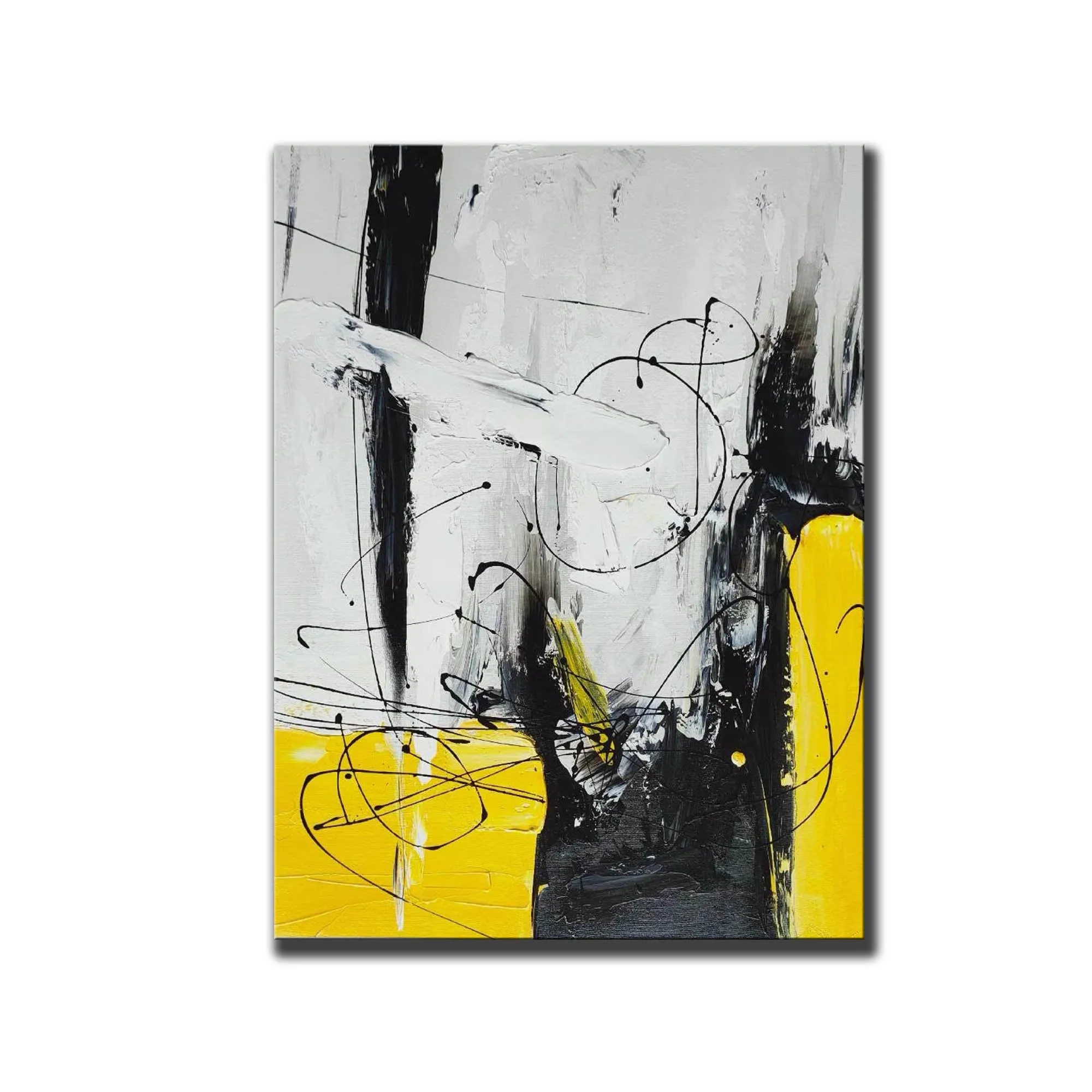 Black White Yellow Abstract Acrylic Painting on Canvas Np114