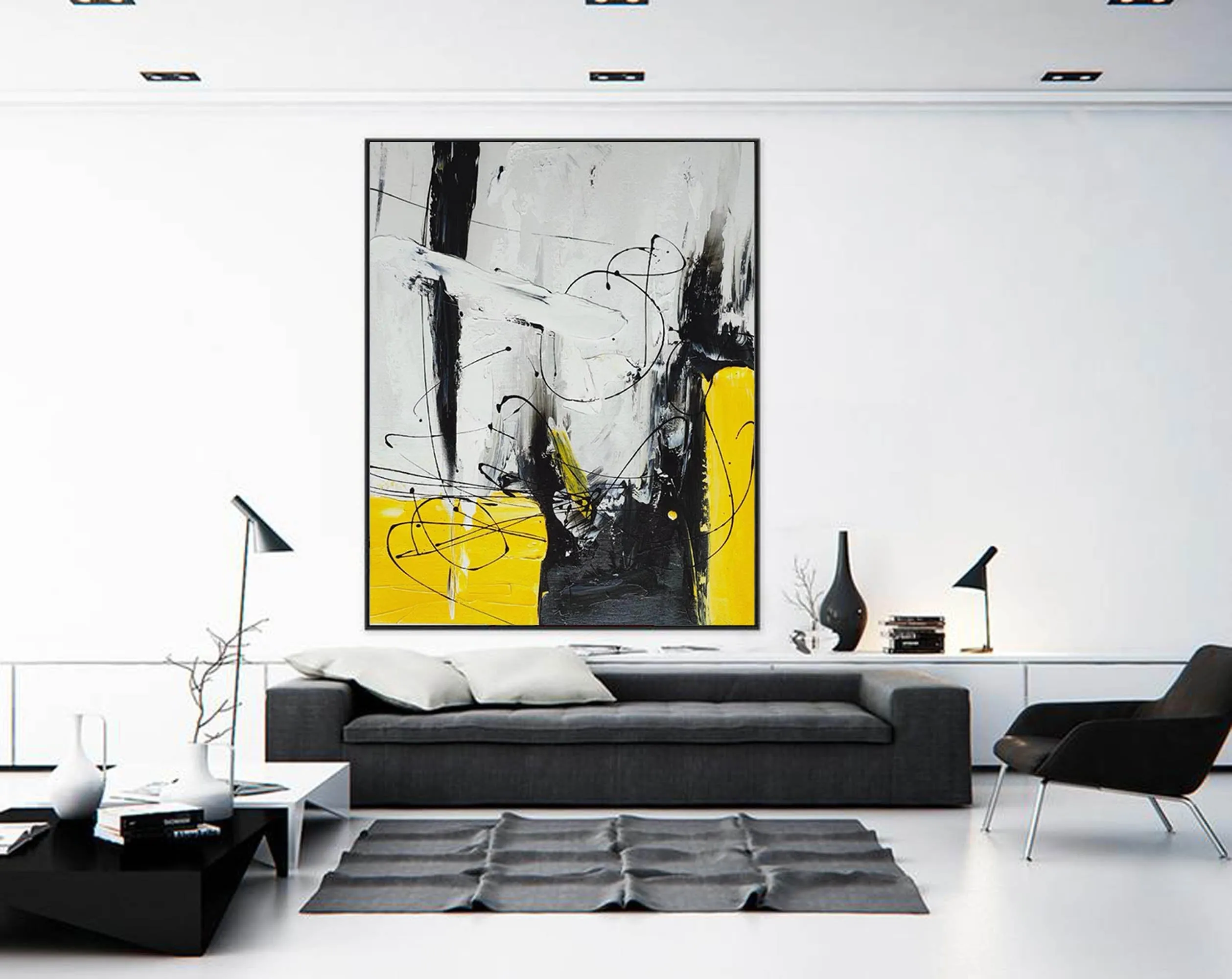 Black White Yellow Abstract Acrylic Painting on Canvas Np114