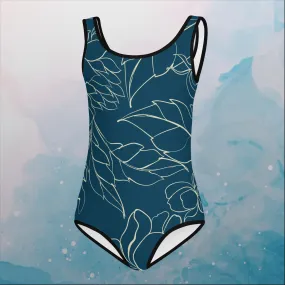 Blue and Gold Floral Stencil Lines Print Kids Swimsuit Blue and Gold Floral Stencil Lines Print Kids Swimsuit